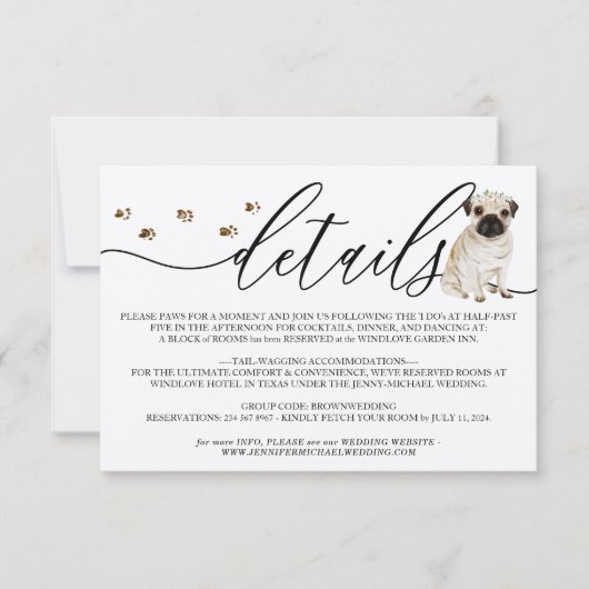 Pug puppy hond bruiloft details RSVP kaartje (Voorkant)