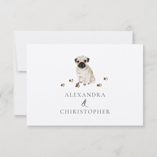 Pug puppy hond bruiloft details RSVP kaartje (Achterkant)