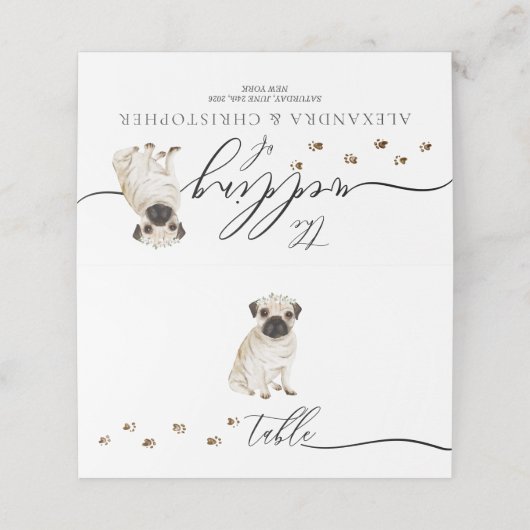 Pug puppy hond eigenaar bruiloft script tabel plaatskaartje (Buitenkant ongevouwen)