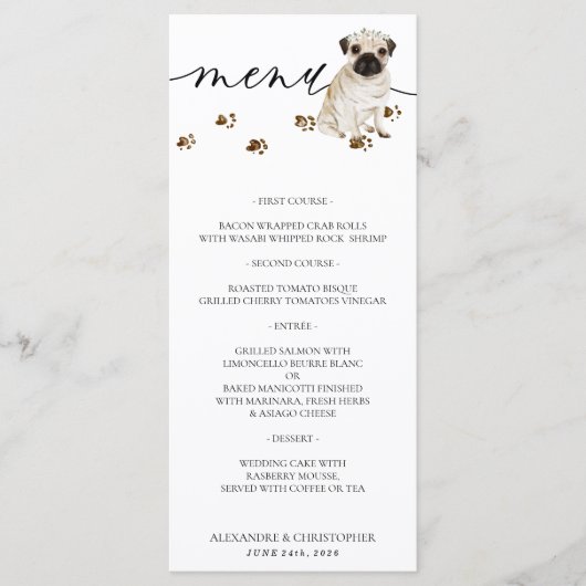 Pug puppy Honden Huwelijksfeest Menu (Voorkant)