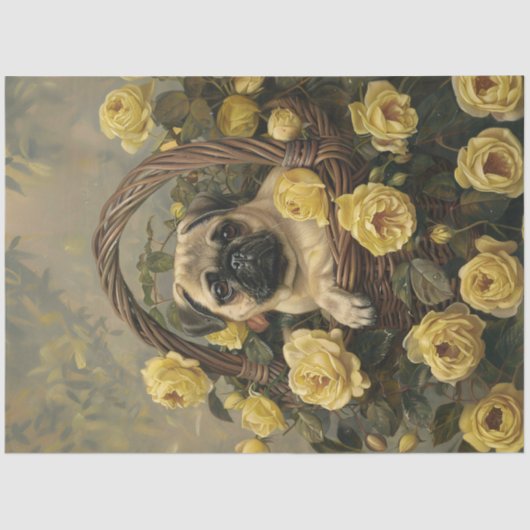 Pug Puppy Mand van Gele Rozen Decoupage Tissuepapier (Voorkant)