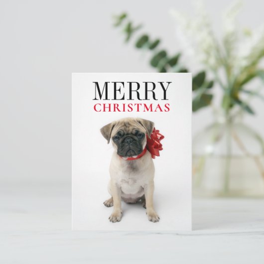 Pug Puppy met Kerstlint Feestdagenkaart (Staand voorkant)