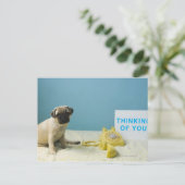Pug puppy op bed naast de telefoon en briefkaart (Staand voorkant)