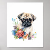 Pug Puppy Pet Waterverf Flower Poster (Voorkant)