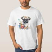 Pug Puppy Pet Waterverf Flower T-shirt (Voorkant)