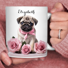  Pug Puppy Roze Rozen Gepersonaliseerde hond Koffiemok