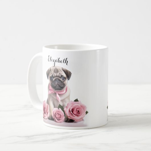  Pug Puppy Roze Rozen Gepersonaliseerde hond Koffiemok (Voorkant links)