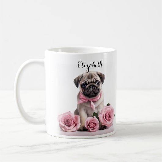  Pug Puppy Roze Rozen Gepersonaliseerde hond Koffiemok (Links)