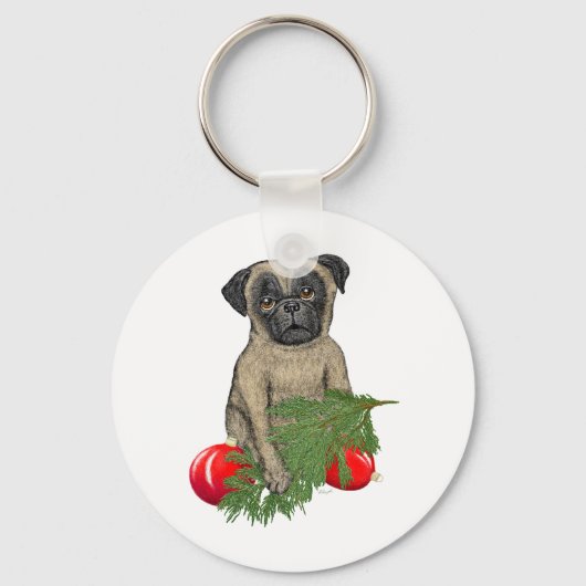Pug Puppy Schattig Christmas Dog Art Sleutelhanger (Voorkant)