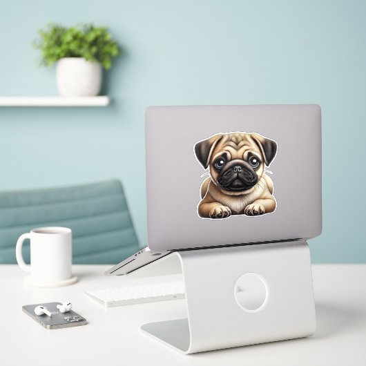 Pug Puppy Sticker (Laptop op bureau)