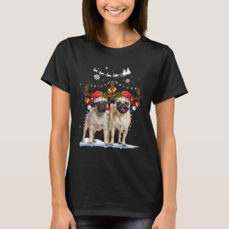 Pug Rendier Kerstman Hoed Kerst Lichtjes Kerstmis T-shirt