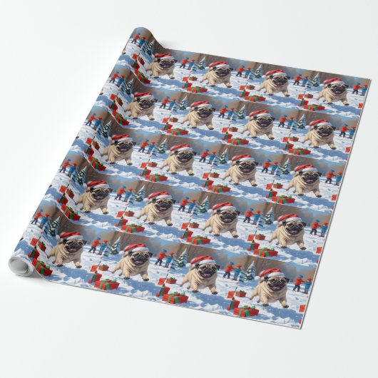 Pug Rent in de Sneeuw met Kerstmuts Cadeaupapier (Uitgerold)
