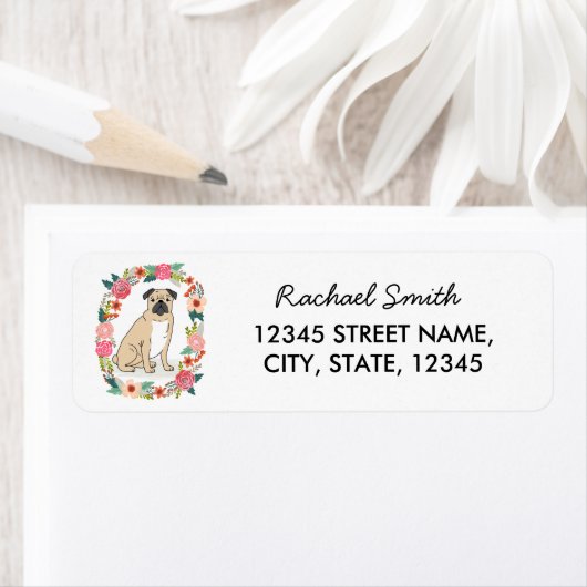 Pug retouradres label, schattige meisjesbloemen etiket (Insitu)