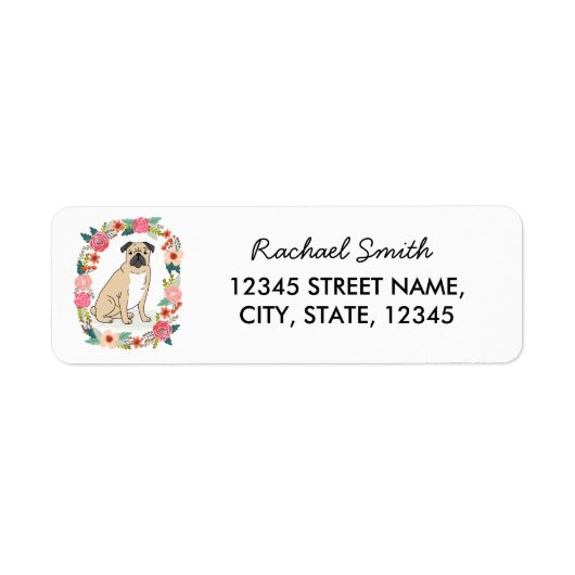Pug retouradres label, schattige meisjesbloemen etiket (Voorkant)