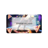 Pug riding dinosaur unicorn in de ruimte etiket (Voorkant)