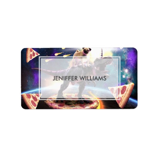 Pug riding dinosaur unicorn in de ruimte etiket (Voorkant)