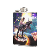 Pug riding dinosaur unicorn in de ruimte heupfles (Links)