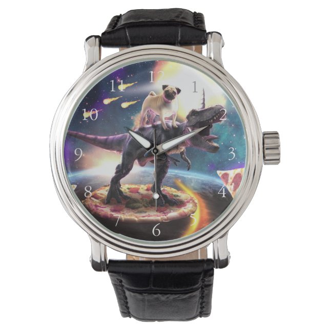 Pug riding dinosaur unicorn in de ruimte horloge (Voorkant)