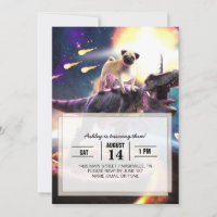 Pug riding dinosaur unicorn in de ruimte