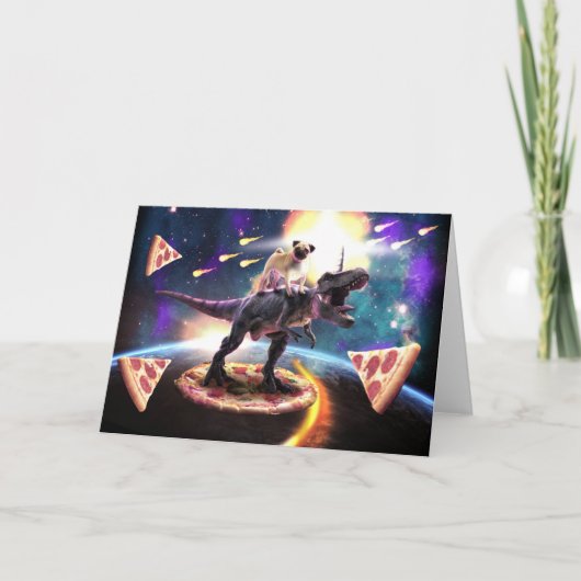 Pug riding dinosaur unicorn in de ruimte kaart (Voorkant)
