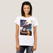 Pug riding dinosaur unicorn in de ruimte t-shirt (Voorkant volledig)
