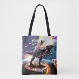 Pug riding dinosaur unicorn in de ruimte tote bag