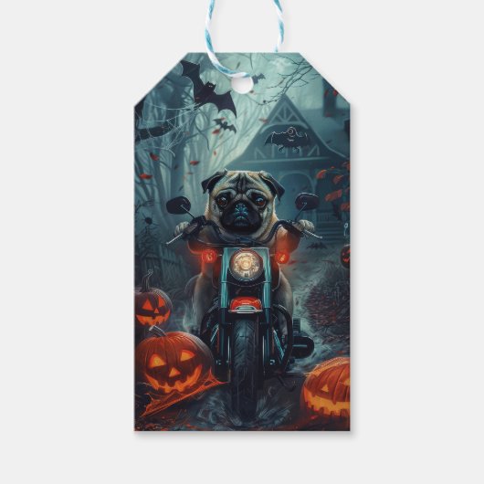 Pug Rijden Motorfiets Halloween eng Cadeaulabel (Voorkant)
