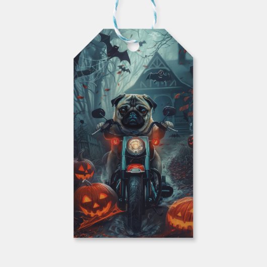 Pug Rijden Motorfiets Halloween eng Cadeaulabel (Achterkant)