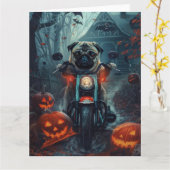 Pug Rijden Motorfiets Halloween eng Kaart (Gele Bloem)