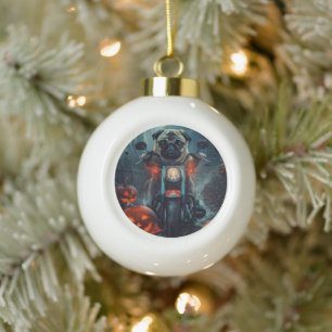 Pug Rijden Motorfiets Halloween eng Keramische Bal Ornament