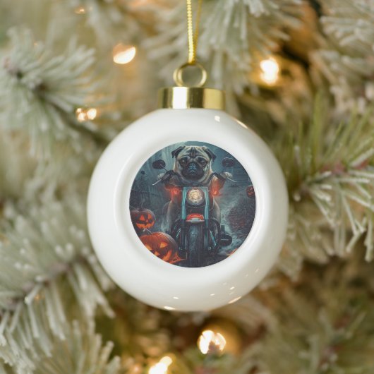 Pug Rijden Motorfiets Halloween eng Keramische Bal Ornament (Boom)