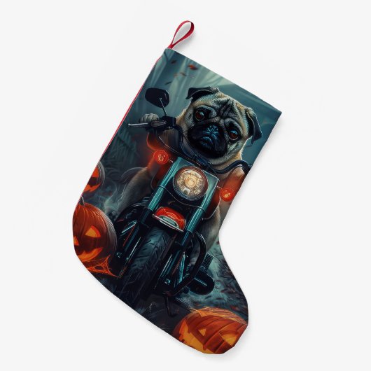Pug Rijden Motorfiets Halloween eng Kleine Kerstsok (Voorkant (Hangend))