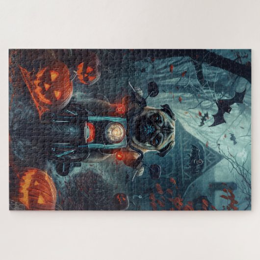Pug Rijden Motorfiets Halloween eng Legpuzzel (Horizontaal)