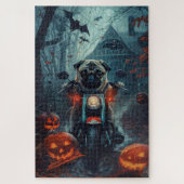 Pug Rijden Motorfiets Halloween eng Legpuzzel (Verticaal)