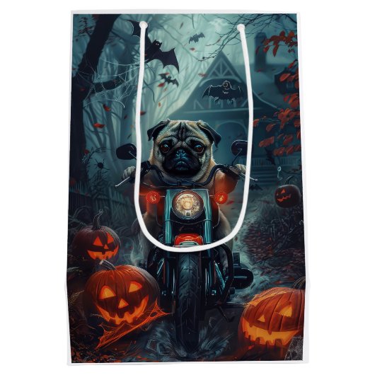 Pug Rijden Motorfiets Halloween eng Medium Cadeauzakje (Achterkant)