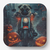 Pug Rijden Motorfiets Halloween eng Papieren Bordje (Voorkant)