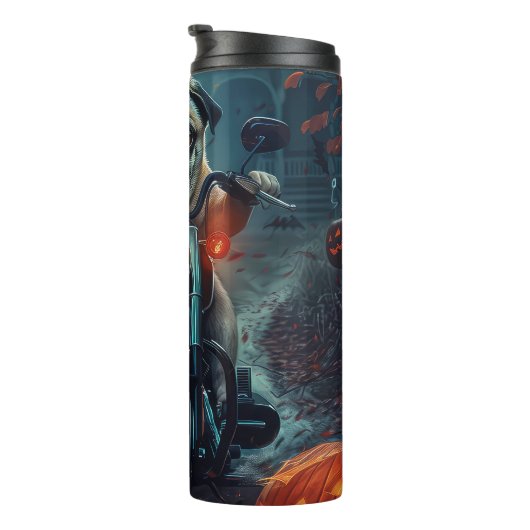 Pug Rijden Motorfiets Halloween eng Thermosbeker (Geroteerd rechts)