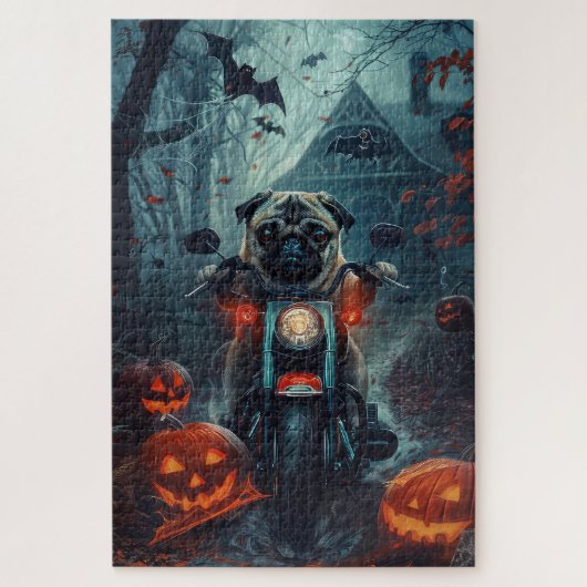 Pug Rijdende Motorfiets Halloween Griezelen Legpuzzel (Verticaal)