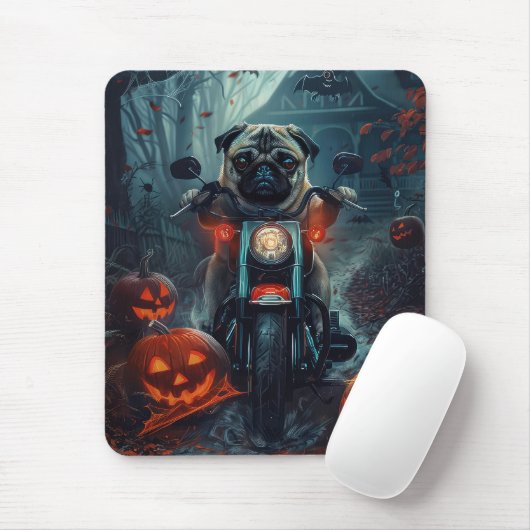 Pug Rijdende Motorfiets Halloween Griezelen Muismat (Met muis)