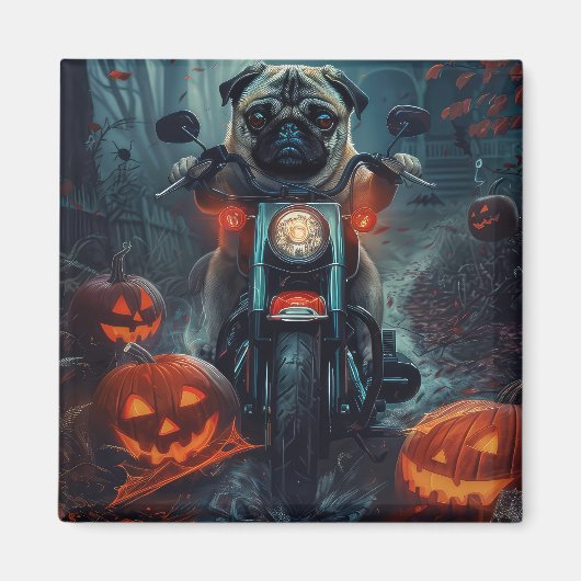 Pug rijdt op motor Halloween eng Magneet (Voorkant)