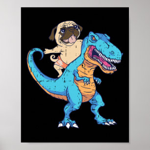 Pug Rijdt T-rex Surft Dinosaur Grappige Hond Liefh Poster