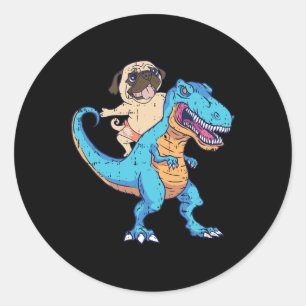 Pug Rijdt T-rex Surft Dinosaur Grappige Hond Liefh Ronde Sticker