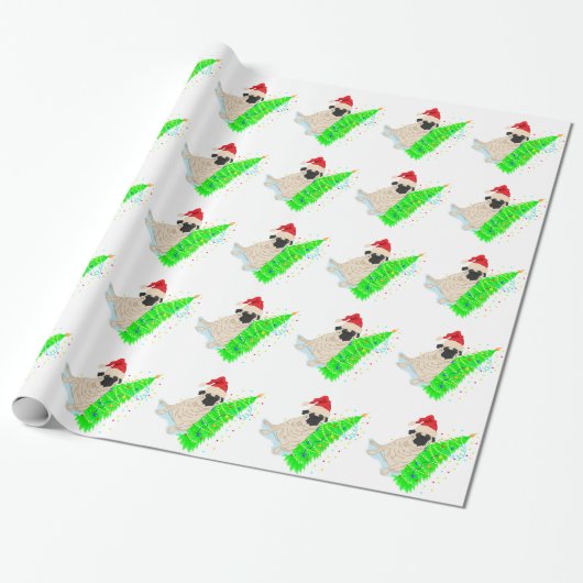 Pug Rode Santa Hoed Groene Kerstboom Cadeaupapier (Uitgerold)