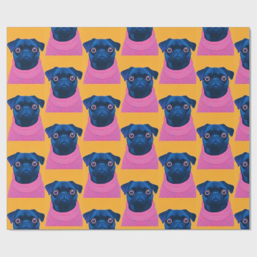 Pug roze en oranje grap cadeaupapier (Vlak)