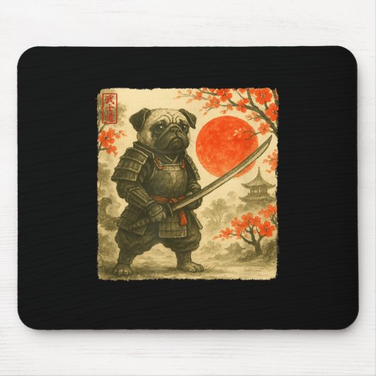Pug Samurai Japanese Warrior Costume Sumi-e Art Fu Muismat (Voorkant)