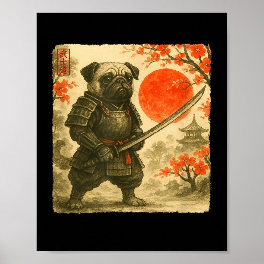 Pug Samurai Japanese Warrior Costume Sumi-e Art Fu Poster (Voorkant)