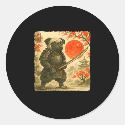 Pug Samurai Japanese Warrior Costume Sumi-e Art Fu Ronde Sticker (Voorkant)