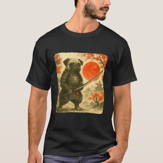 Pug Samurai Japanese Warrior Costume Sumi-e Art Fu T-shirt (Voorkant)