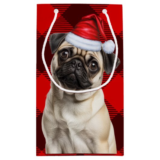 Pug Santa Dog Holiday Red Buffalo Plaid Christmas Klein Cadeauzakje (Achterkant)