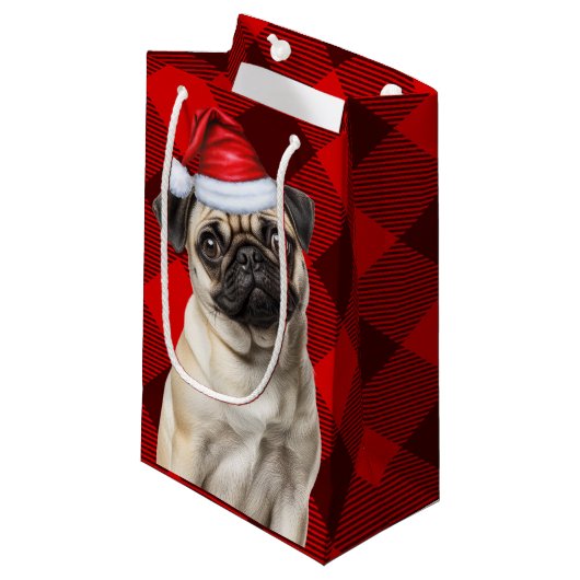 Pug Santa Dog Holiday Red Buffalo Plaid Christmas Klein Cadeauzakje (Voorkant Gekanteld)